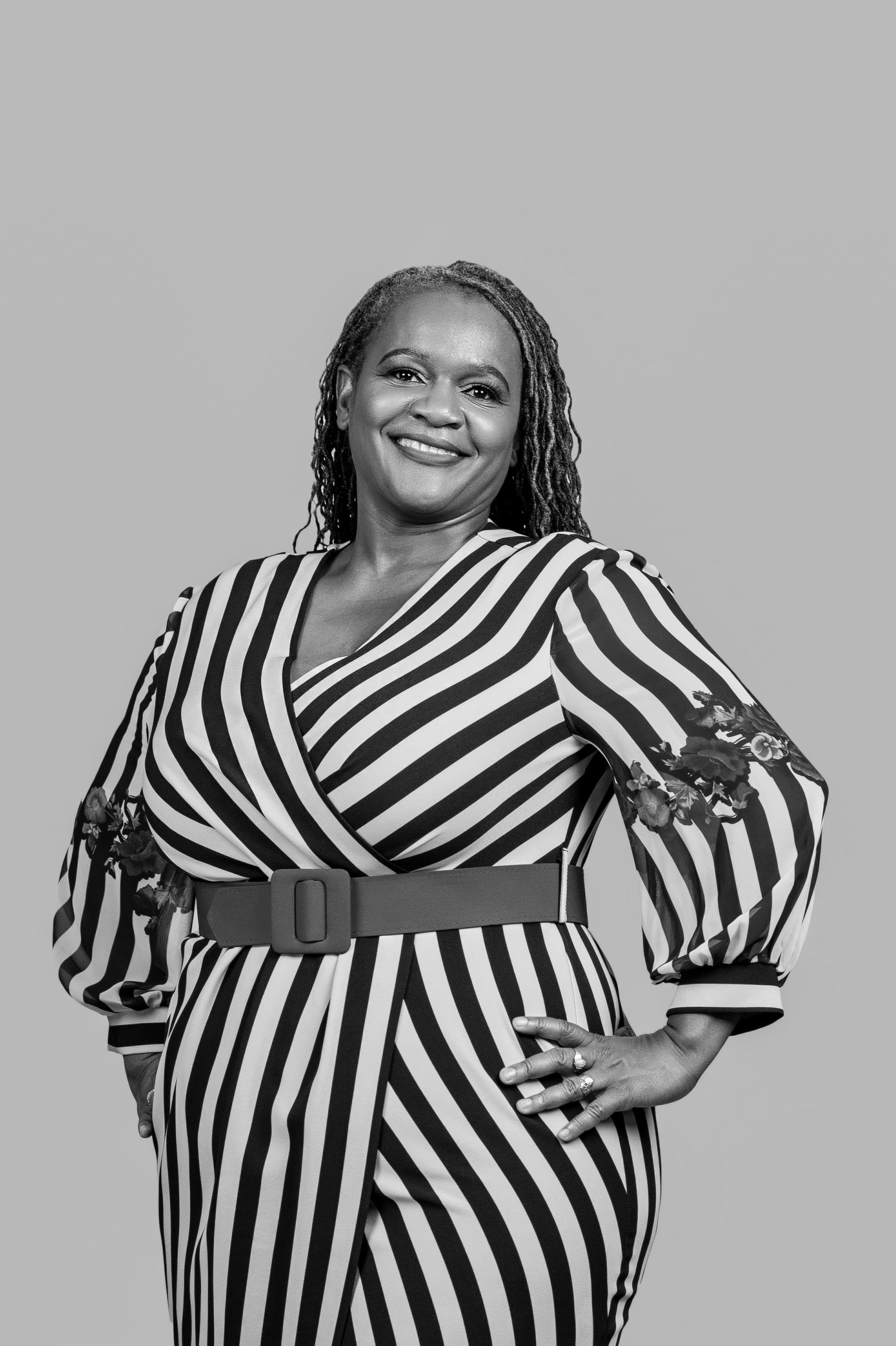 Clara Mlambo in a black-and-white studio portrait.