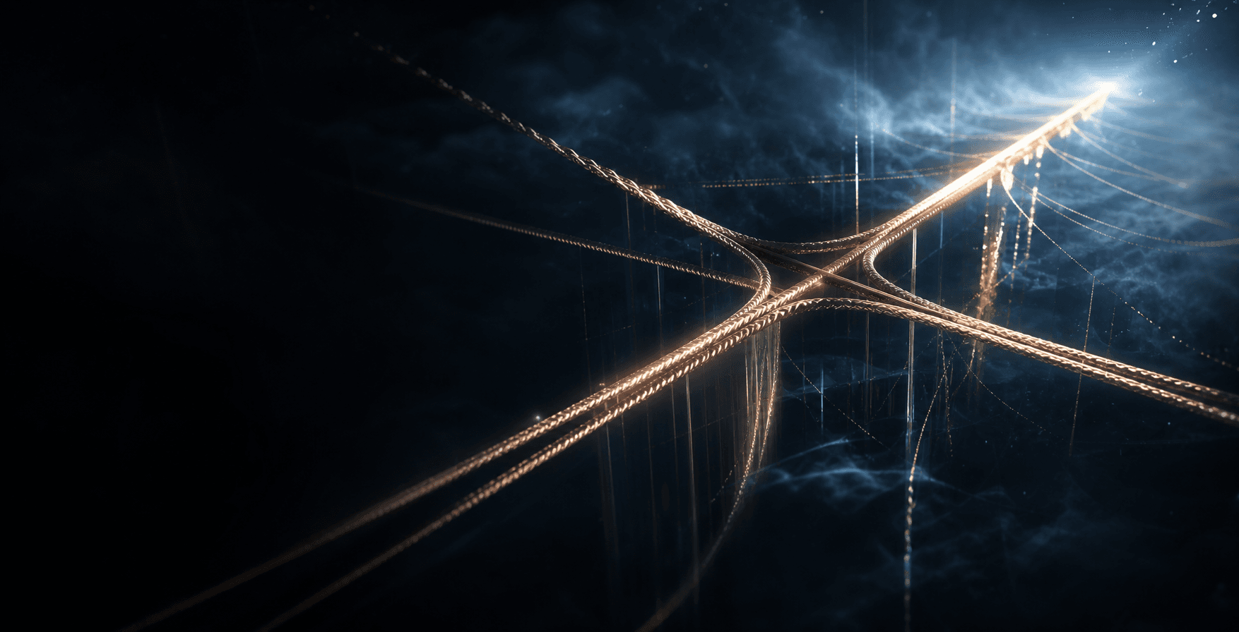 Abstract champagne-gold cords crossing through a dark leadership framework.