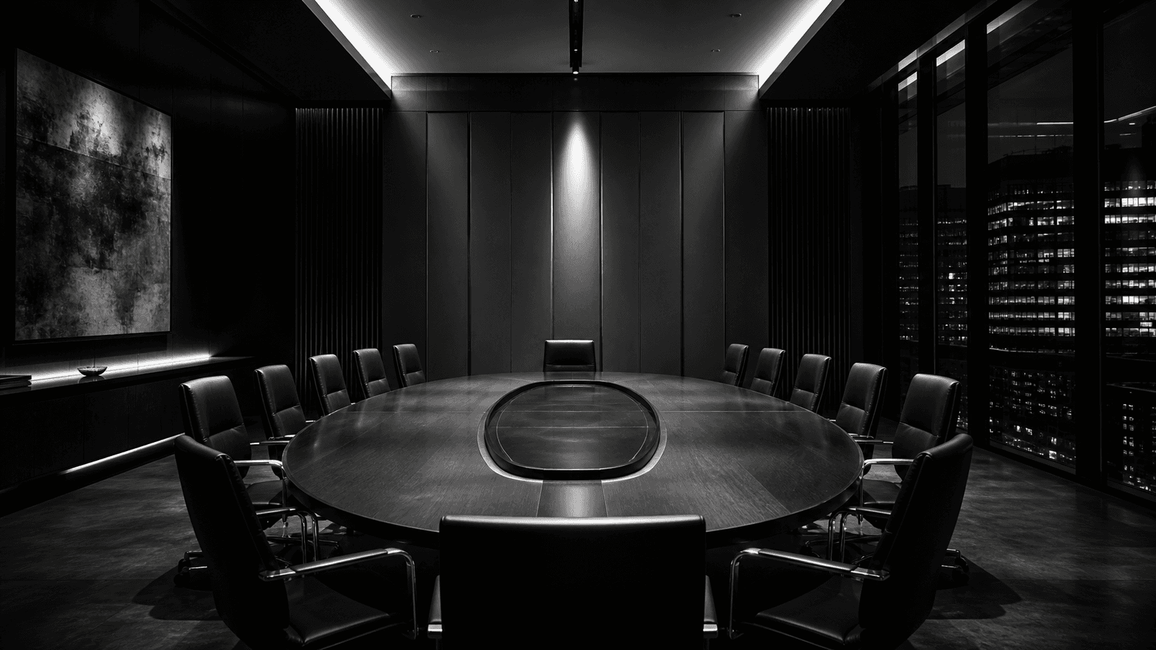 Black-and-white executive boardroom visual.